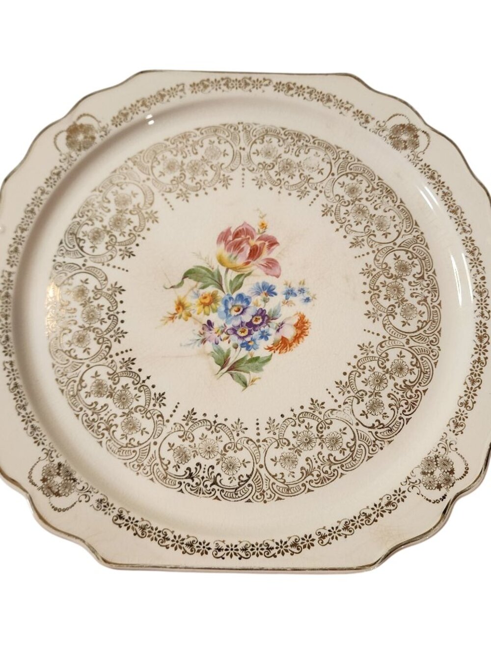 Vintage Queen Anne Union Made Warranted 22K Gold Square Dinner Plate Platter 12”
